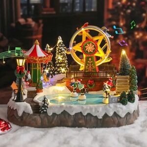 2025 ANIMATED MUSICAL LED CHRISTMAS VILLAGE AMUSEMENT PARK SKATERS FERRIS WHEEL
